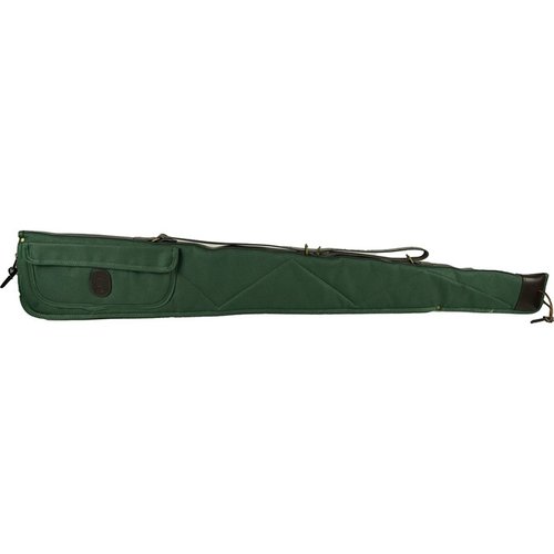 BOB ALLEN CANVAS SHOTGUN CASE har et slitesterkt, vannavvisende kanvas ytre, quiltet flanellfôr, lærdetaljer og en praktisk 10"x4.5" tilbehørslomme.