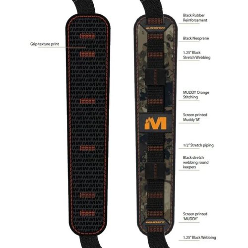 MUDDY SUMMIT RIDGE ?FLEXIBLE COMFORT SLING? gir komfort og holdbarhet med redusert vekt, Anti-slip Gripper, justerbar lengde og praktiske shell holders.