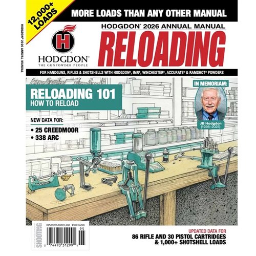 Hodgdon 2026 Annual Manual gir deg over 11 000 ladedata for rifle og håndvåpen, inkludert informasjon om IMR, Winchester, Ramshot og Accurate.