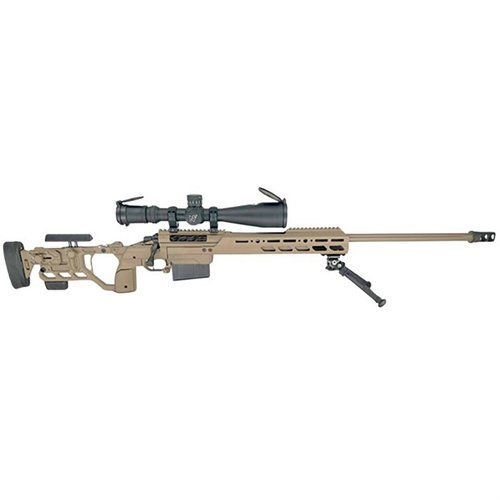 CEO TACTICAL 338 MAGNUM er en presisjonsrifle med 27" Ultra-Match løp, justerbar avtrekker og foldbart chassis, perfekt for langdistanse skyting.