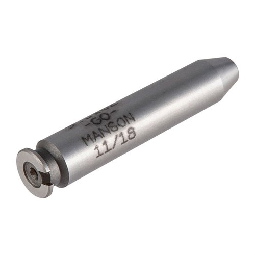 Manson Precision Rimless Cartridge Headspace Gauge sikrer presis måling av hylsehodet, laget av herdet stål for langvarig bruk og tilgjengelig i flere kalibre.
