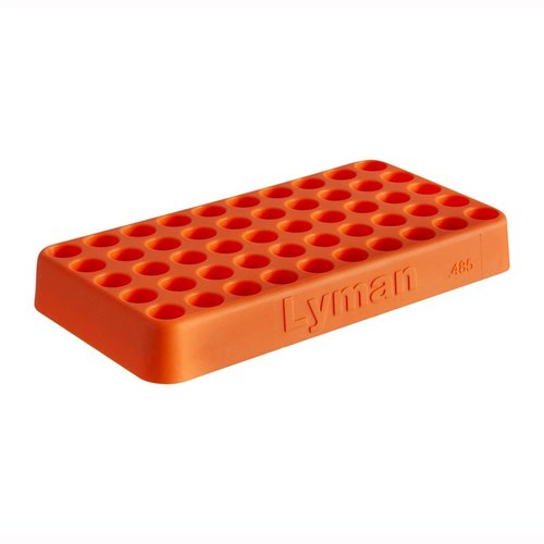 Lyman Custom-Fit Loading Block er laget av slitesterk polymer, rommer 50 patroner og finnes i seks størrelser fra .338 til .615 kaliber for enkel omlasting.