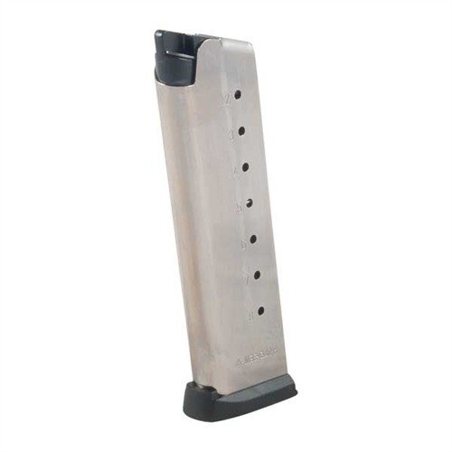 MEC-GAR 1911 45ACP magasiner er laget av sertifisert karbonstål, TIG-sveist for holdbarhet, med rustfritt nikkelbelegg og 8 runders kapasitet.