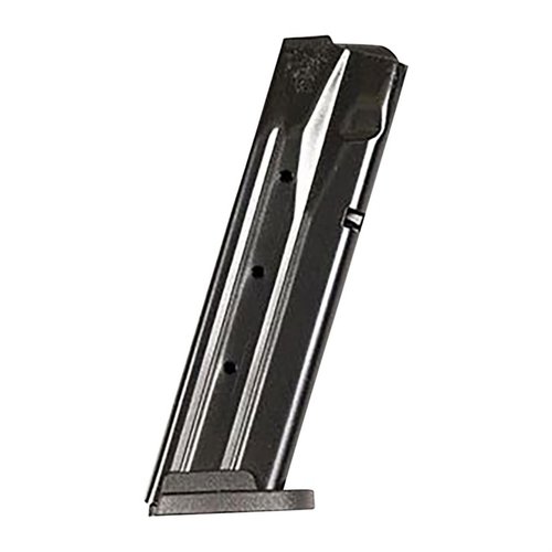 17-skudds magasin for Sig Sauer® P320™ 9mm pistol, laget av varmebehandlet karbonstål med svart oksidbehandling, med injeksjonsstøpt magasinfølger.