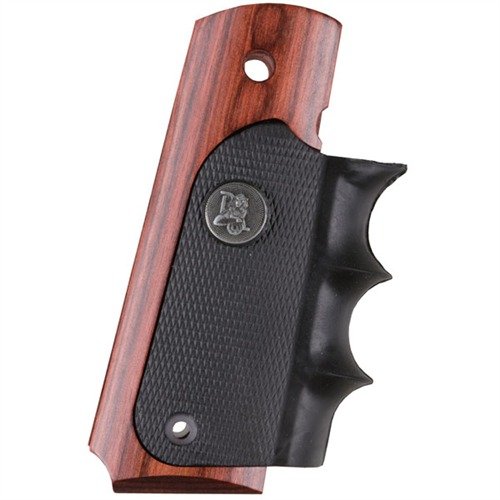 Rugged dual-material grips med utseendet av ekte tre og kontrollen av gummi, perfekt for 1911 Auto Gov't. og Commander med dype finger groves for maksimal komfort.