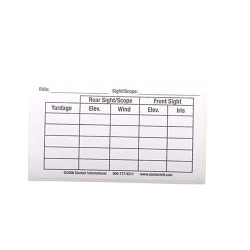 SINCLAIR SIGHT/YARDAGE LABELS er et praktisk sett med 25 merker som hjelper deg med å holde oversikt over avstander og sikteinnstillinger for presis skyting.