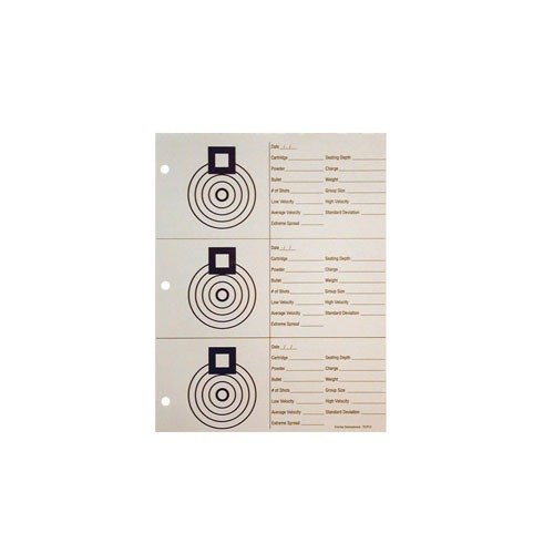 Sinclair Load Development Target har tre 100 yard benchrest mål, plass til chronograph og lastinformasjon, og er perforert for 3-ring perm, 25 stk per pakke.