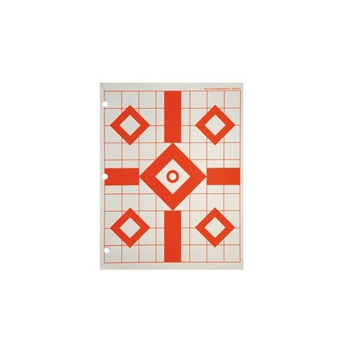 Sinclair Fluorescent Sight-in Targets gir klare og presise treff med fluorescerende oransje motiver på hvitt papir. Perfekte for lavlysforhold, 25 stk per pakke.
