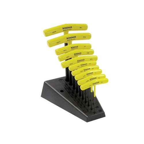 Bondhus T-HANDLE HEX TOOL SET gir komfort og kontroll med polstrede håndtak, inkludert 10 stk. fra 3/32" til 3/8" og en praktisk benkestativ.