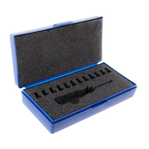 Sinclair Piloted Flash Hole Deburring Kit Case lagrer verktøy for 22 til 45 kaliber og opptil 12 neck pilots, perfekt for presisjonsarbeid.