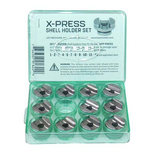 Lee X-PRESS SHELLHOLDER SET gir deg 11 populære shellholdere for App press, kompatibel med over 115 forskjellige patroner for effektiv og presis lading.