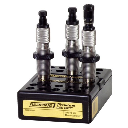 Redding 6.5mm Creedmoor Premium Deluxe Die Set inkluderer Full Length sizing die, Micrometer Seat Stem og Neck Sizing Die for optimal håndlading.