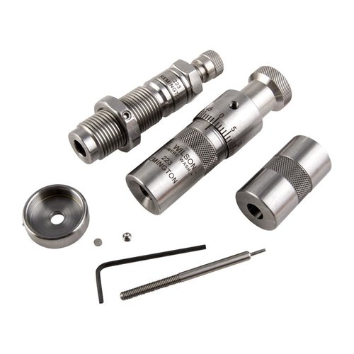 L.E. Wilson Bushing Full Length Die Kit gir presis omforming av hylser med justerbar seating, inkludert case gauge for optimal lengde og headspace.