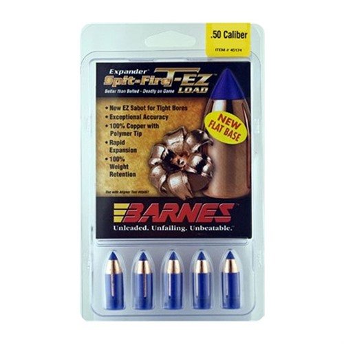Barnes Spit-Fire T-EZ 50 kal. kuler er enkle å laste, gir match-kvalitet nøyaktighet, og har en polymer spiss for bedre ekspansjon og langdistanse ytelse.