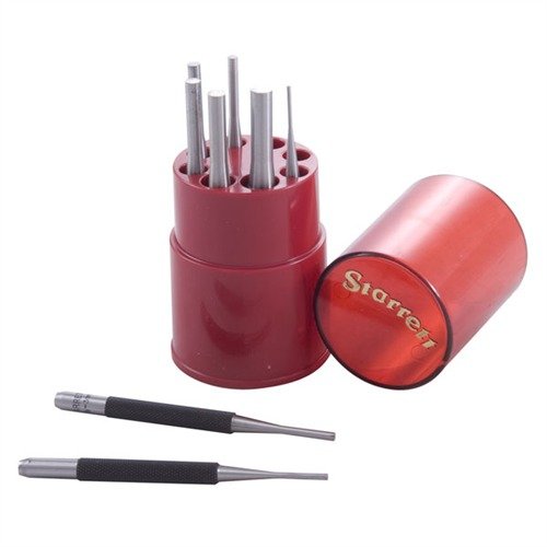 Starrett Pin Punch Set tilbyr 8 presisjonsverktøy i herdet stål, med ergonomisk grep og tydelige størrelsesmarkeringer for effektiv og nøyaktig pin fjerning.