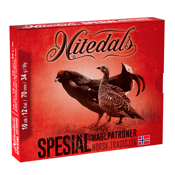 Nitedals Spesial 12/70 Bly 34 gram US 7 er en pålitelig haglpatron for jakt i variert terreng, perfekt for skogsfugl og rype.